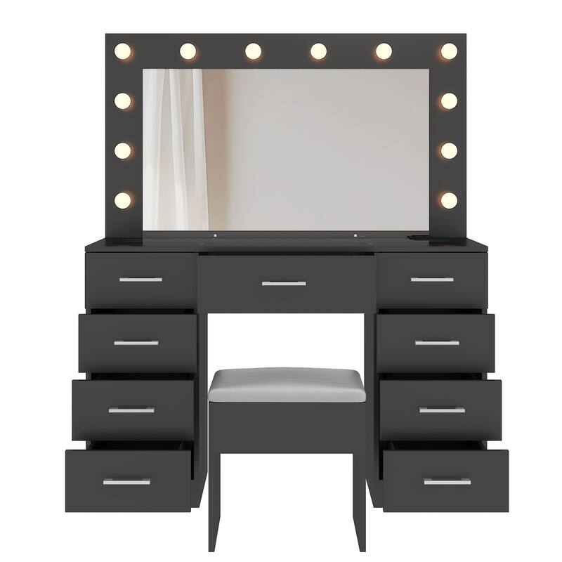 Luxury Vanity Desk Set with Lighted Mirror Cushioned Stool 9 Drawers Glass Tabletop and Built in USB Charging Station