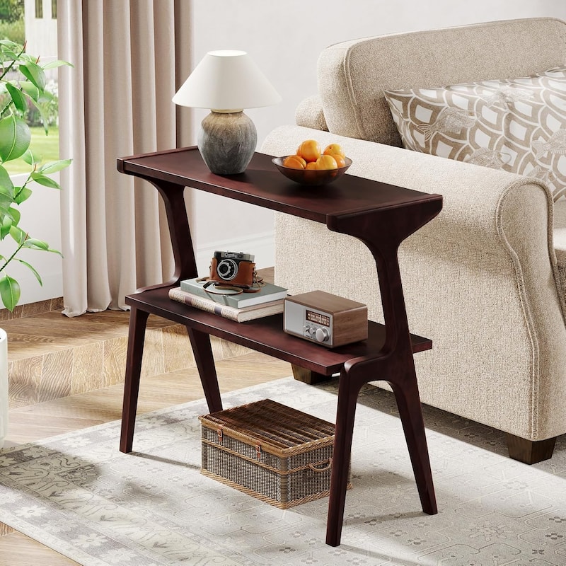 Modern SideTable with Storage Shelf, Sofa End Table with Solid Wood Legs, Bedside Table, Nightstand for Bedroom, Living Room - Burgundy