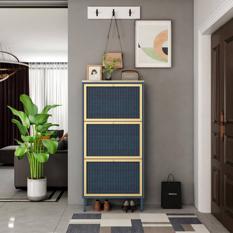 Modern Freestanding Shoe Storage Cabinet with 3 Metal Doors - Blue-gray