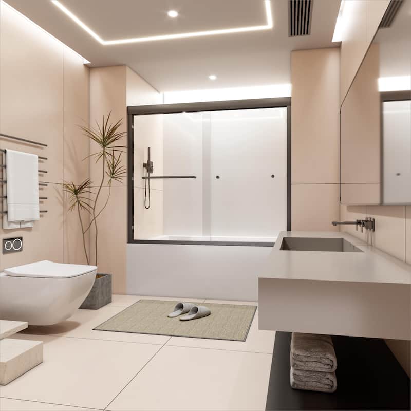 60''W Semi-Frameless 1/4'' Glass Double Sliding Shower Door in Black/Chrome for Bathroom