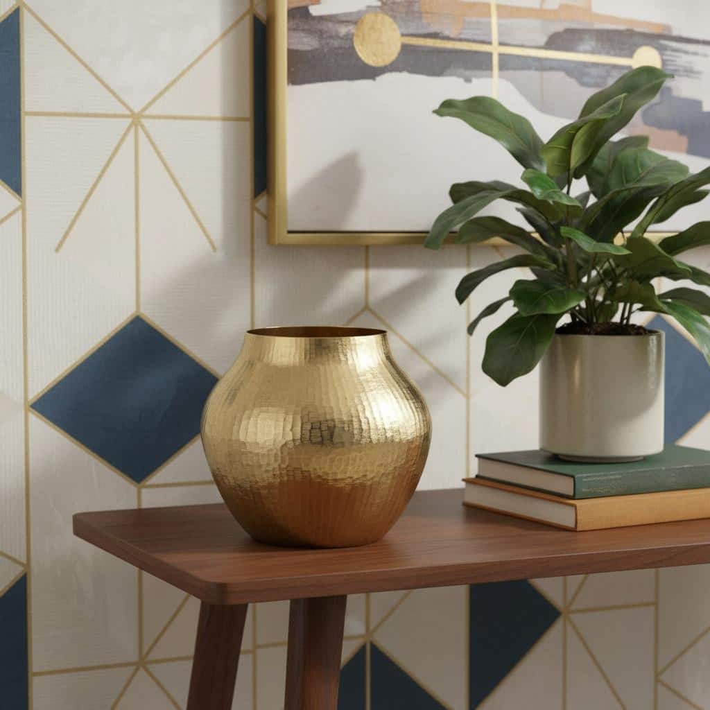 9" Gold Hammered Aluminum Round Table Vase - 12.00