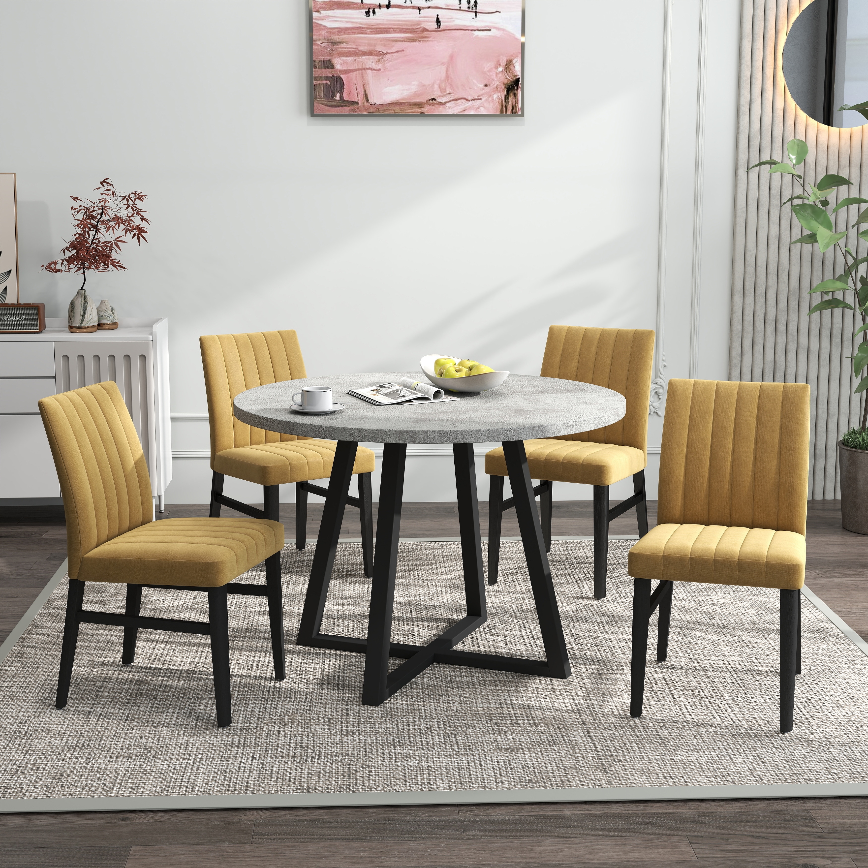 5-Piece Dining Set with 4 Yellow Upholstered Chairs & Round Table
