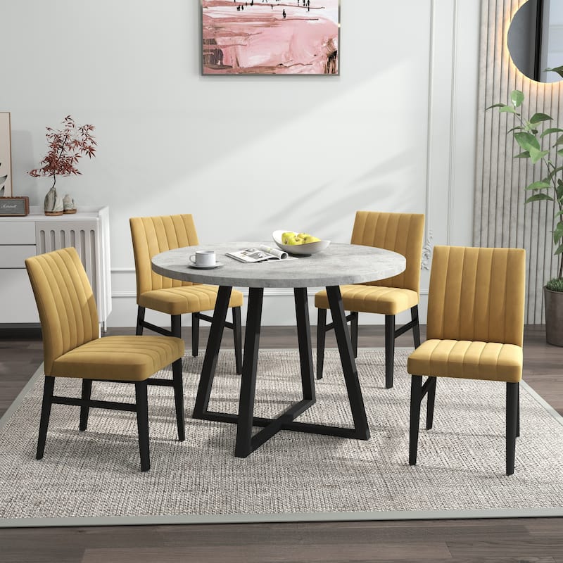 Roundhill Furniture Edo 5-Piece Dining Set, Round Table with 4 Upholstered Chairs,