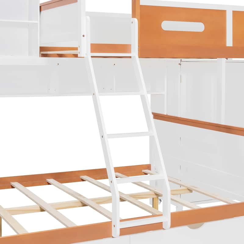 Twin Over Full Wooden Bunk Bed With Wardrobe, Drawers, Shelves And Led Light