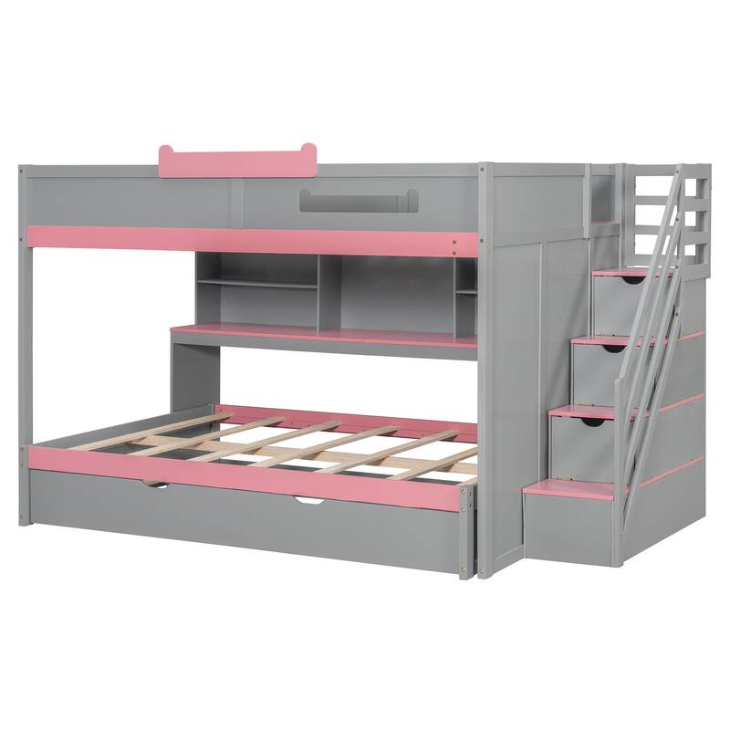 Full Over Full Bunk Bed with Twin Trundle, Staircase, Shelves & LED Lighting