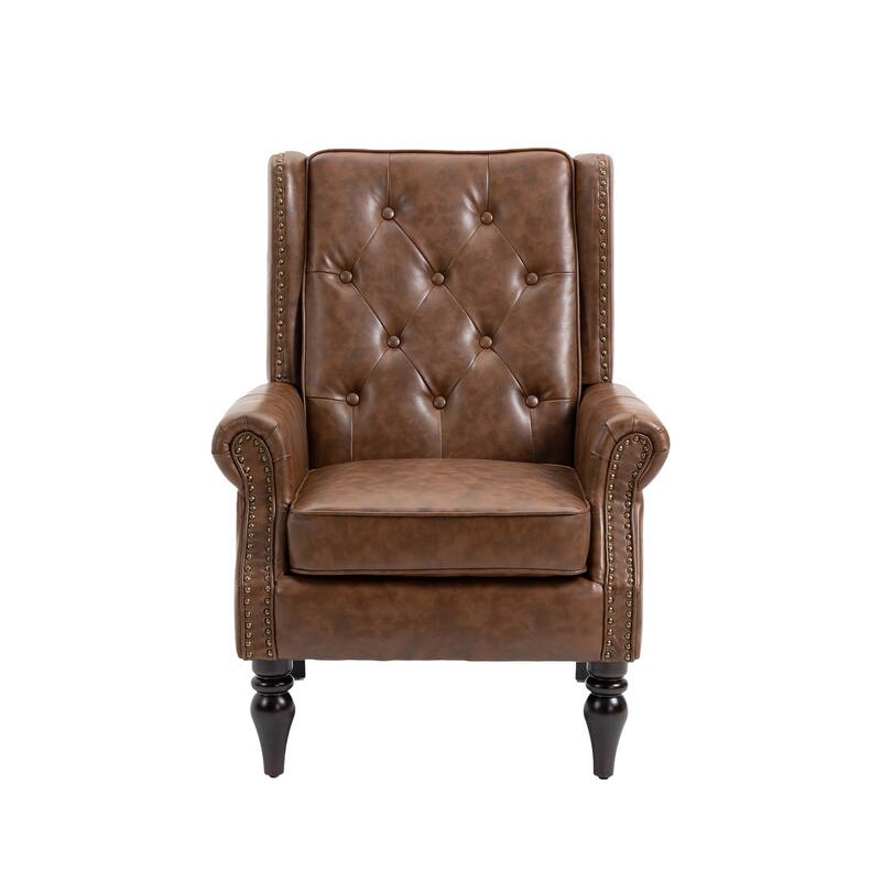 Brown PU Modern 29.33" High Back Upholstered Arm Chair with Sturdy Wood Legs and Nailheads for Living Room