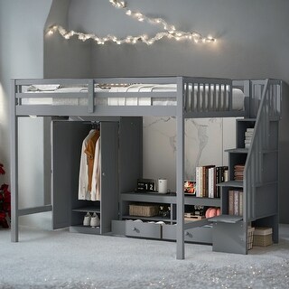Grey Full Size Strengthened Loft Bed with Wardrobe, Drawers,Open Storage Cabinets and Storage Staircase