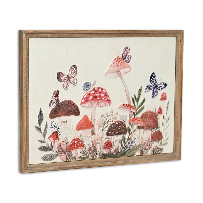 HomeRoots 20" X 26" Natural And White Butterflies and Mushrooms Metal Framed Art
