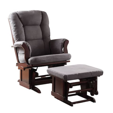 Gray Microfiber Glider Chair and Ottoman in Cherry Finish