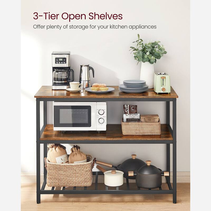 Black Metal Kitchen Shelf with Large Wooden Worktop and Adjustable Storage Racks