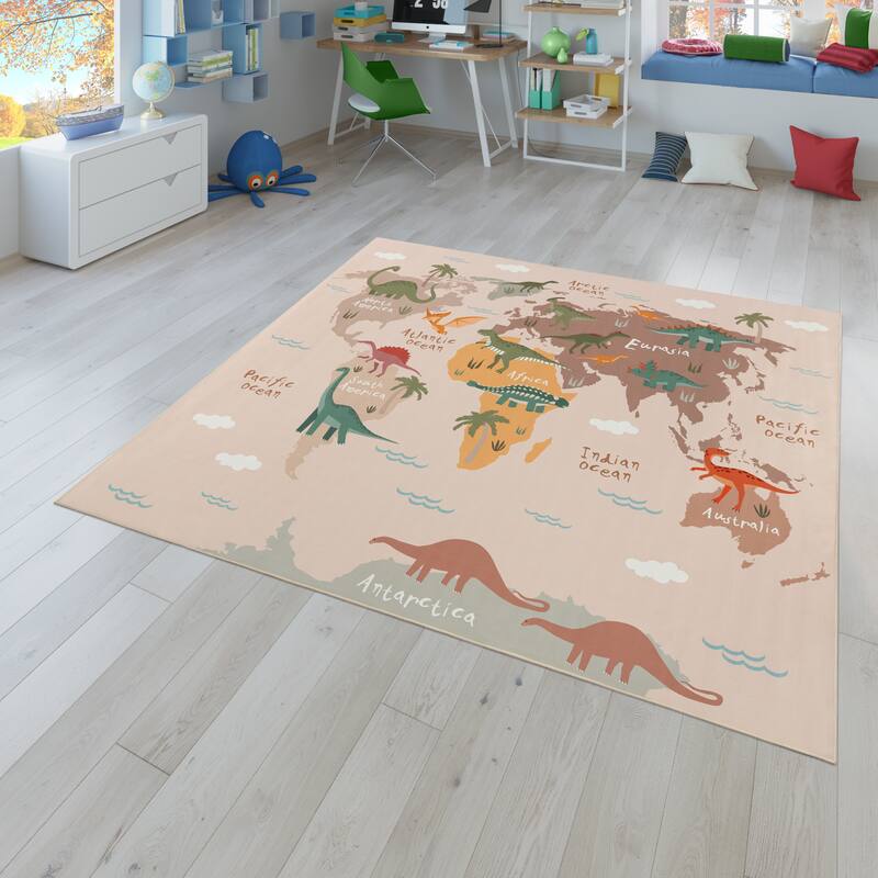 Kids Rug Play Mat with World Map & Dinosaurs in Beige - 6'7" Square