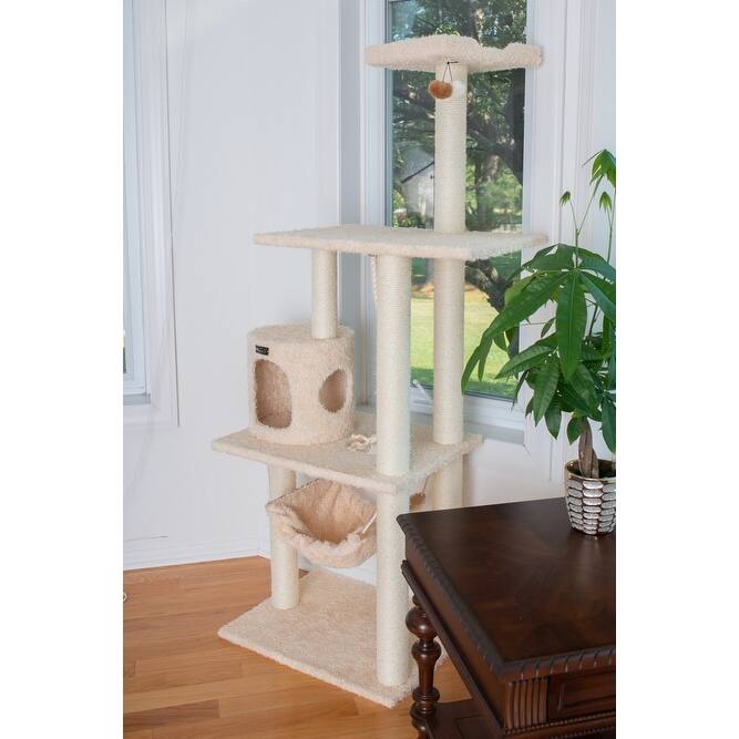 70" Wood Cat Furniture,Ultra thick Faux Covered Cat Condo House, Beige