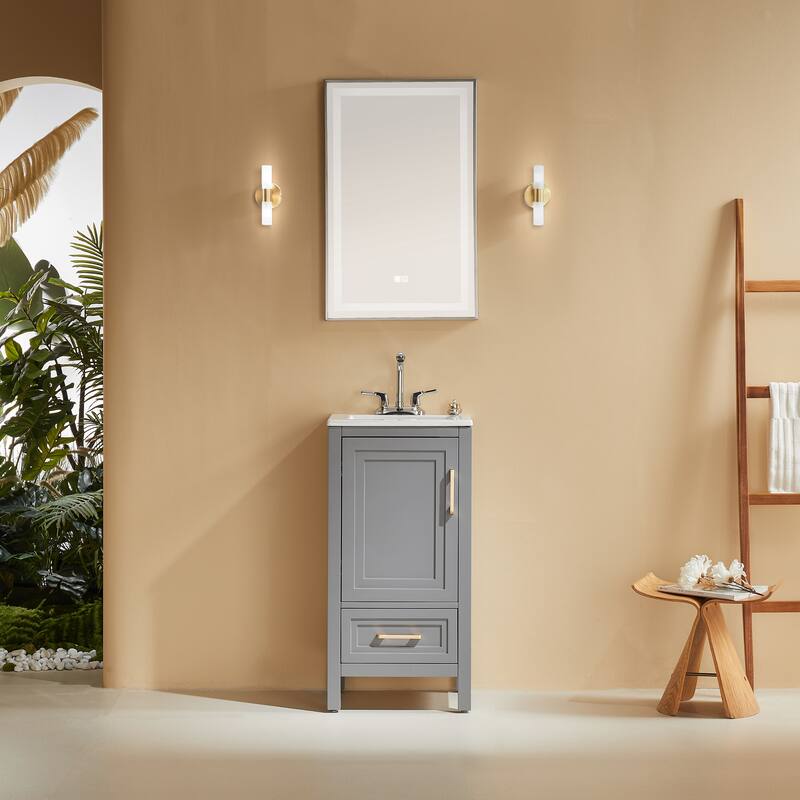 GDFStudio - Modern 18" Wood Freestanding Bathroom Vanity with Ceramic Top and Soft-Close Drawer, Fully Assembled - Gray