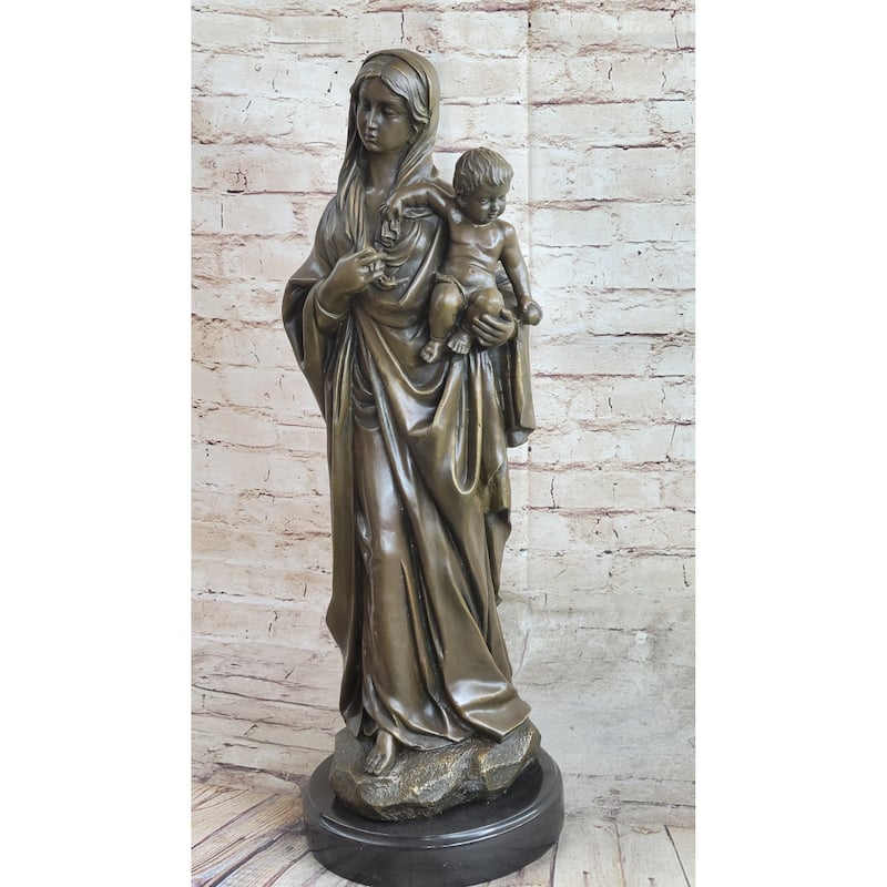 Madonna Virgin Mary W/ Baby Jesus Bronze Statue Sculpture Figure 23 Inches X 8 Inches