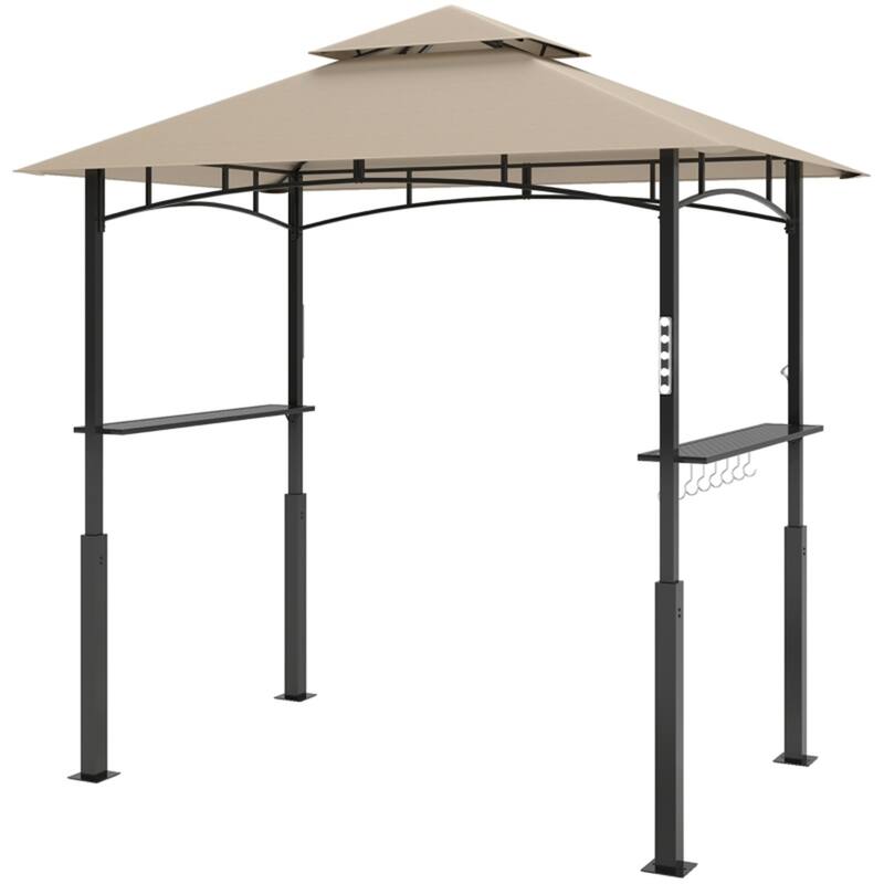 Khaki Double Roof Grill Gazebo with Shelves Hooks and Lights for Outdoor BBQ Cooking Station - 95.7" L x 58.3" W x 97.6" H