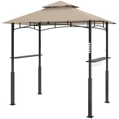 Khaki Double Roof Grill Gazebo with Shelves Hooks and Lights for Outdoor BBQ Cooking Station - 95.7" L x 58.3" W x 97.6" H