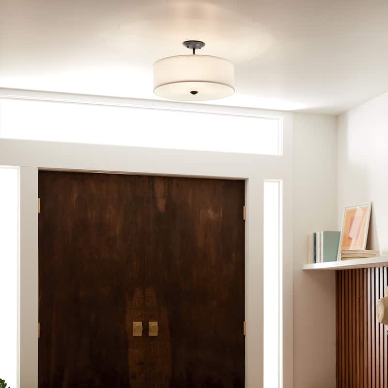 Kichler Lighting Shailene 14 in. Round 3-Light Black Drum Semi-Flush Mount Ceiling Light with White Microfiber Shade