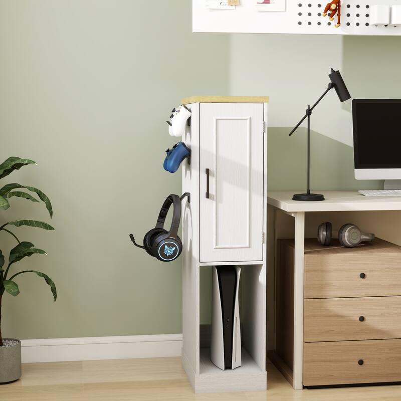 Anmytek Slim Antique White Game Console Storage Cabinet with 2 Drawers & 3 Hooks, AV Media Stand for PS5 Xbox