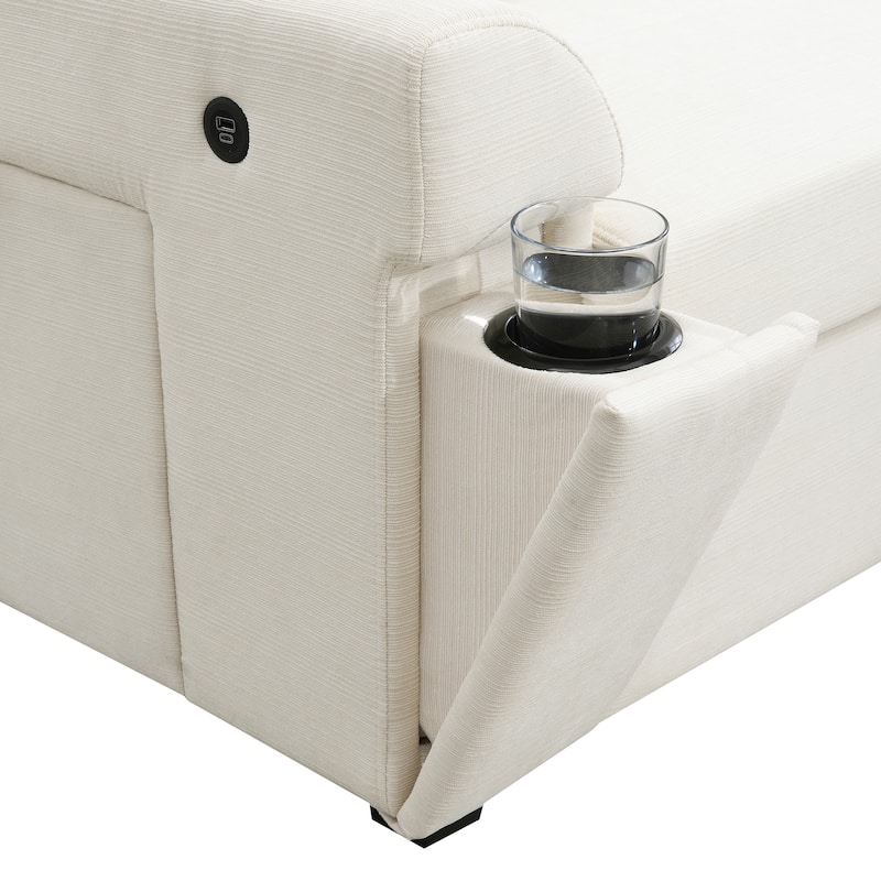 Chenille Sectional Sofa with Hidden Armrest Storage, Cup Holders, USB Charging Ports and Oversized Ottoman Chaise Lounge