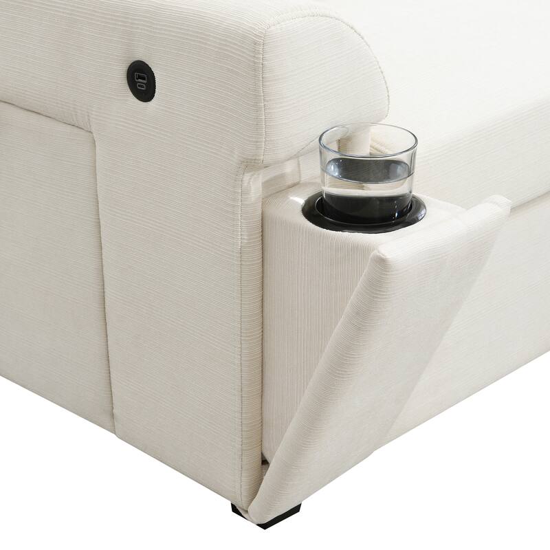 U Shaped Sectional Sofa with Ottoman, Chenille 6 Seater Sofa with Hidden Armrest Storage, Cup Holders & USB Charging Ports