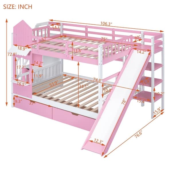 dimension image slide 0 of 2, Full-Over-Full Castle Bunk Bed with 2 Drawers, 3 Shelves and Slide