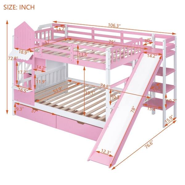 dimension image slide 2 of 4, Full Over Full Castle Style Bunk Bed Kids Bed with 2 Drawers 3 Shelves and Slide Kids Furniture, Blue