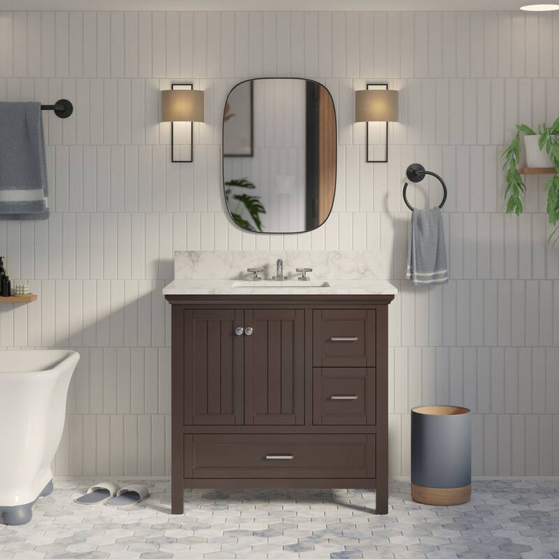 KitchenBathCollection Paige 36" Bathroom Vanity with Carrara Marble Top - Chocolate