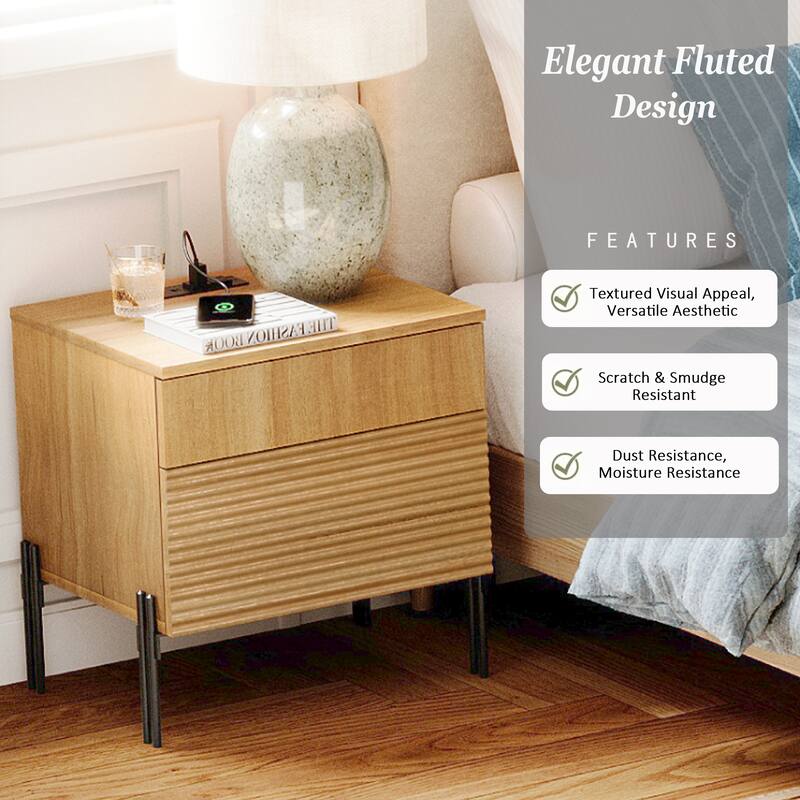 WAMPAT 2 Pcs Bedroom Set, 6 Drawer Dresser And Nightstand Set For Bedroom,Hidden Handles, Reed Pattern & Double Chopsticks Legs