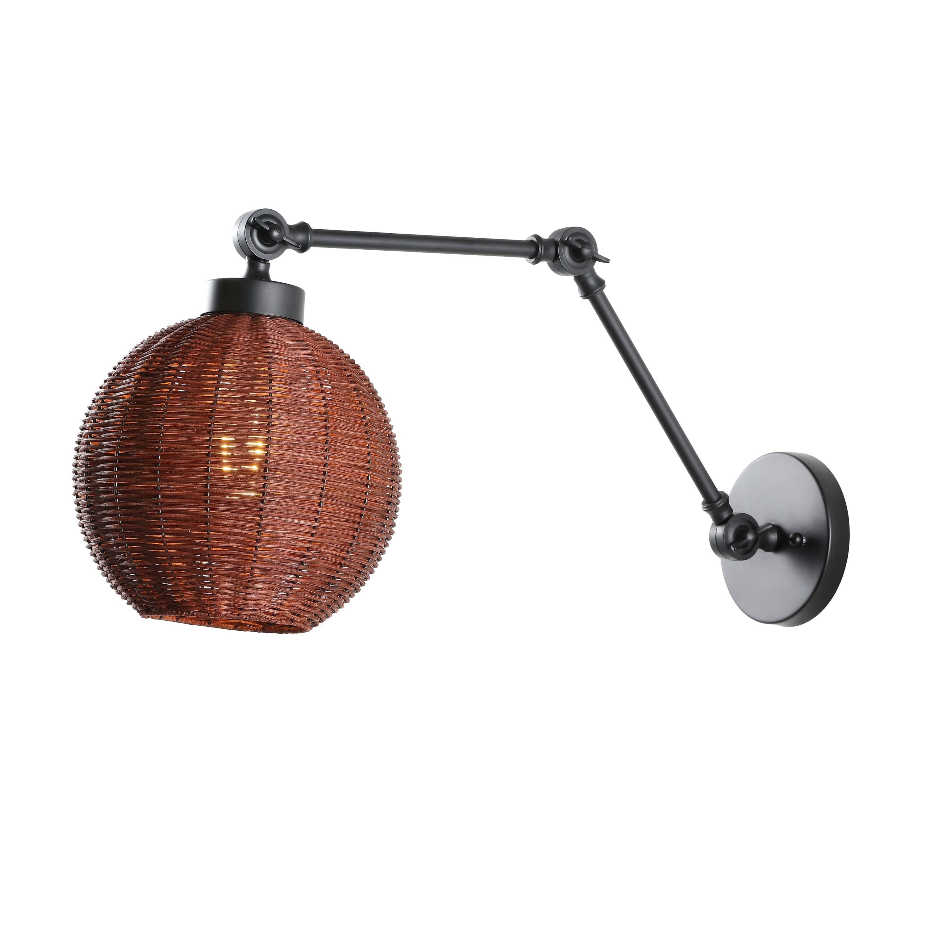 JONATHAN Y Ivan 22" 1-Light Mid-Century Vintage Rattan Globe Swing Arm LED Sconce, Dark Brown/Black