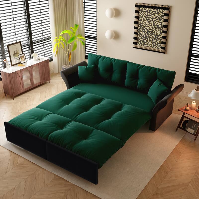 74.8" Queen Sleeper Sofa - 3-in-1 Tufted Velvet Loveseat with Pull-Out Bed & 2 Pillows, Multi-Functional - Green