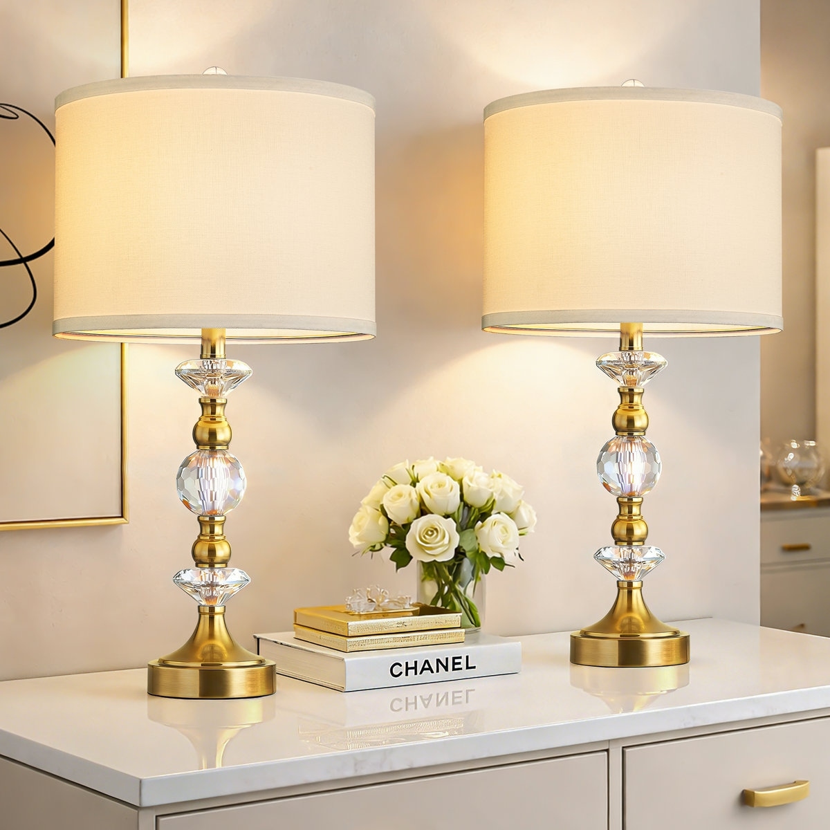 Maxax 25.5" Modern Glam Metal And Crystal Table Lamp With Usb For Living Room/bedroom (Set of 2)