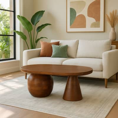 Leeds Coffee Table 38" Handmade Walnut Brown Mango Wood Oval Top Round Ball and Cone Base