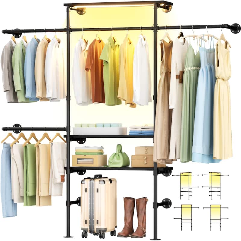 87"W Industrial Pipe Clothing Racks with LED Lights & Open Shelves,Reversible Walk-in Closet Oraganizer System Garment Racks