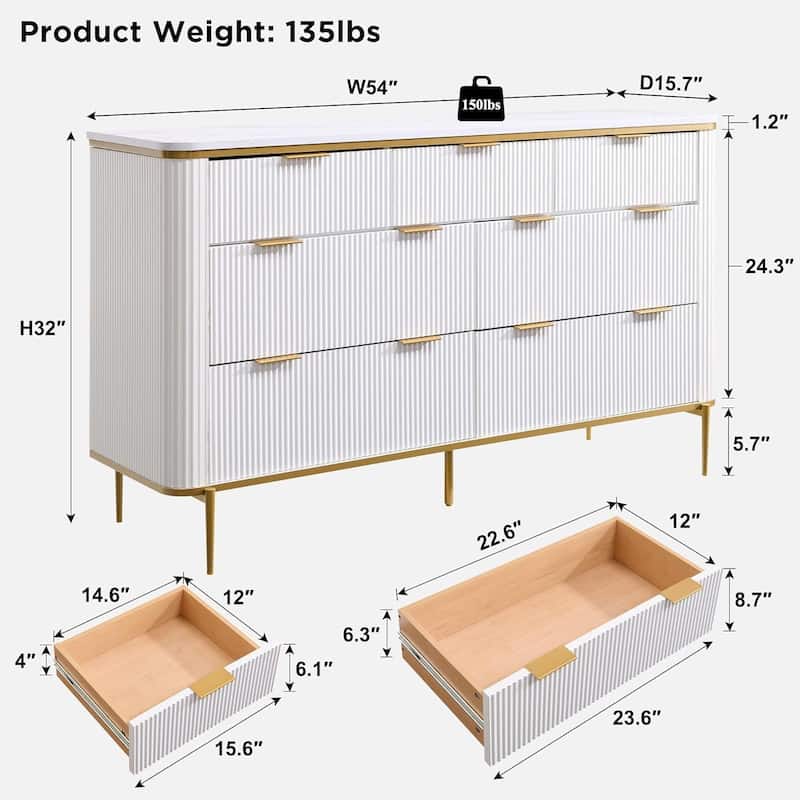 Modern Fluted 7 Drawers Dresser for Bedroom, 54" Dresser TV Stand