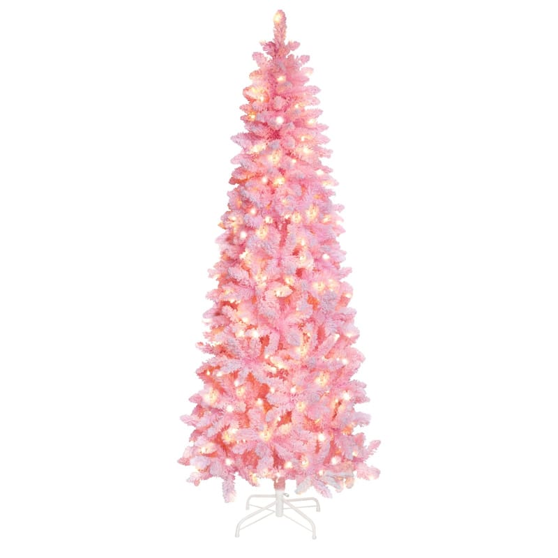 VEIKOUS Pre-Lit Artificial Christmas Tree Pencil Snow with Foldable Iron Stand with LED lights, 5.5/6.5/7.5 ft