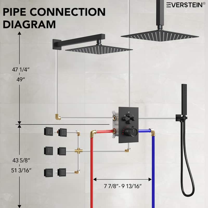 Thermostatic Dual Shower Head System ,12" High-Pressure Rainfall Shower Faucet with Four-Function Sprays