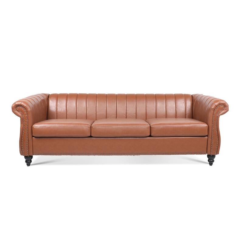 Chesterfield Sofa 83.46" with PU Leather, Quilted Backrest, Birch Legs