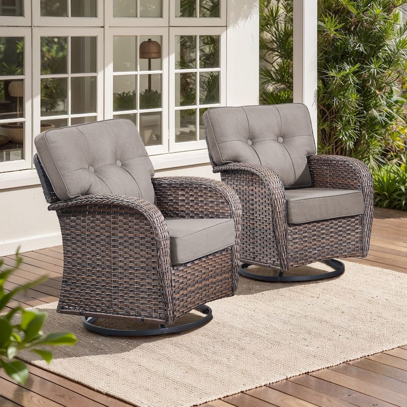 TWrap Brown Wicker Patio Swivel Glider Chairs with 5-Inch Thick Cushions (2-Pack)