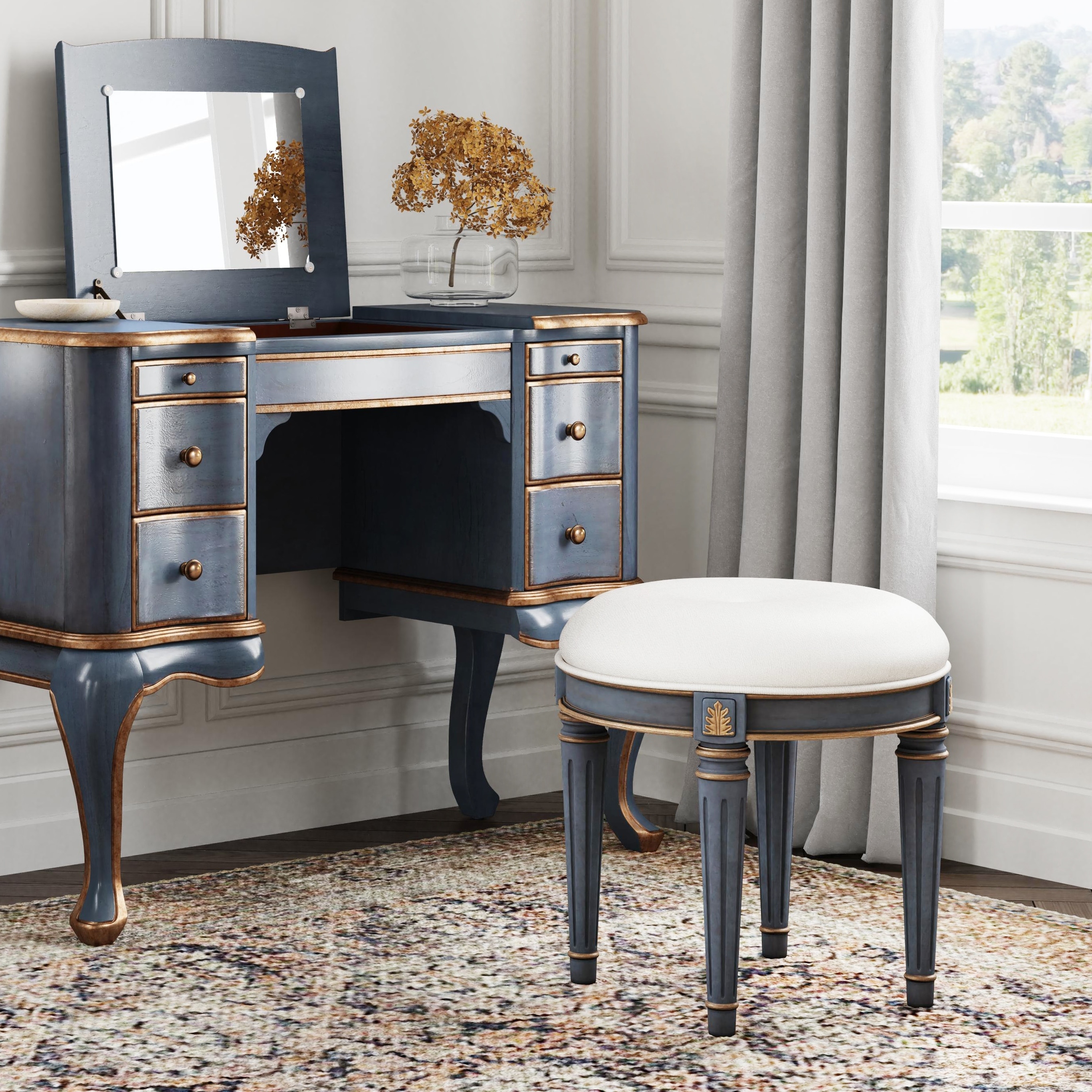 Bernadette 18.5 in. Seat Height Round Upholstered and Wood Traditional Vanity Stool
