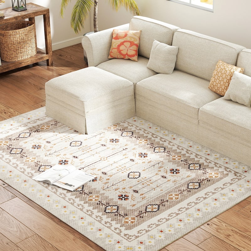 HOMCOM Area Rug 5x7, Machine Washable Rug, Non-Slip Boho Floral Print Floor Cover Foldable Carpet for Living Room - 6' x 7'