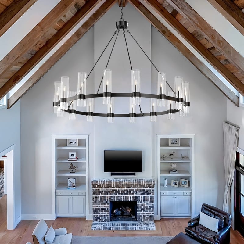 Black Wagon Wheel Chandelier with Glass Shades Adjustable Farmhouse Pendant Light for High Ceilings
