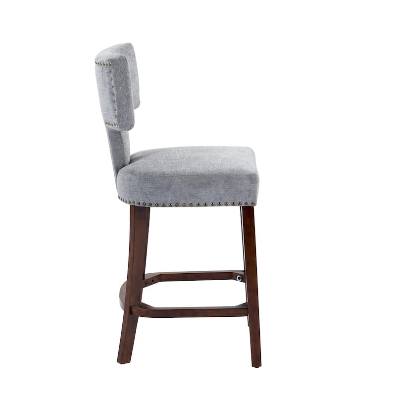 Counter Height Bar Stools Set of 2, Farmhouse Linen Fabric Upholstered Accent Chair Curved Backrest with Copper Nails around