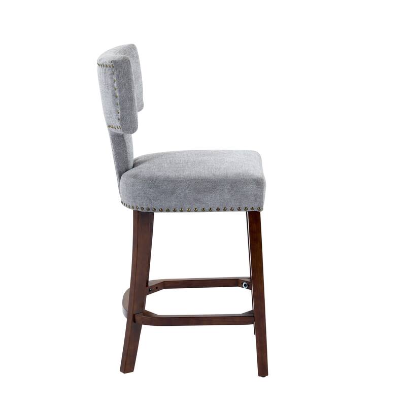 Mid Century Modern Counter Height Bar Stools Set of 2, Farmhouse Linen Fabric Upholstered Accent Chair Curved Backrest