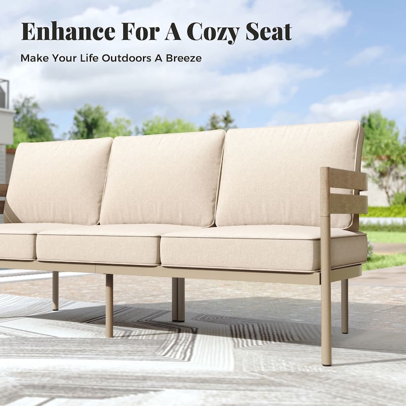 MAISON ARTS 5-Seater Patio Conversation Set Curved Metal Wood-Like Sofa Set