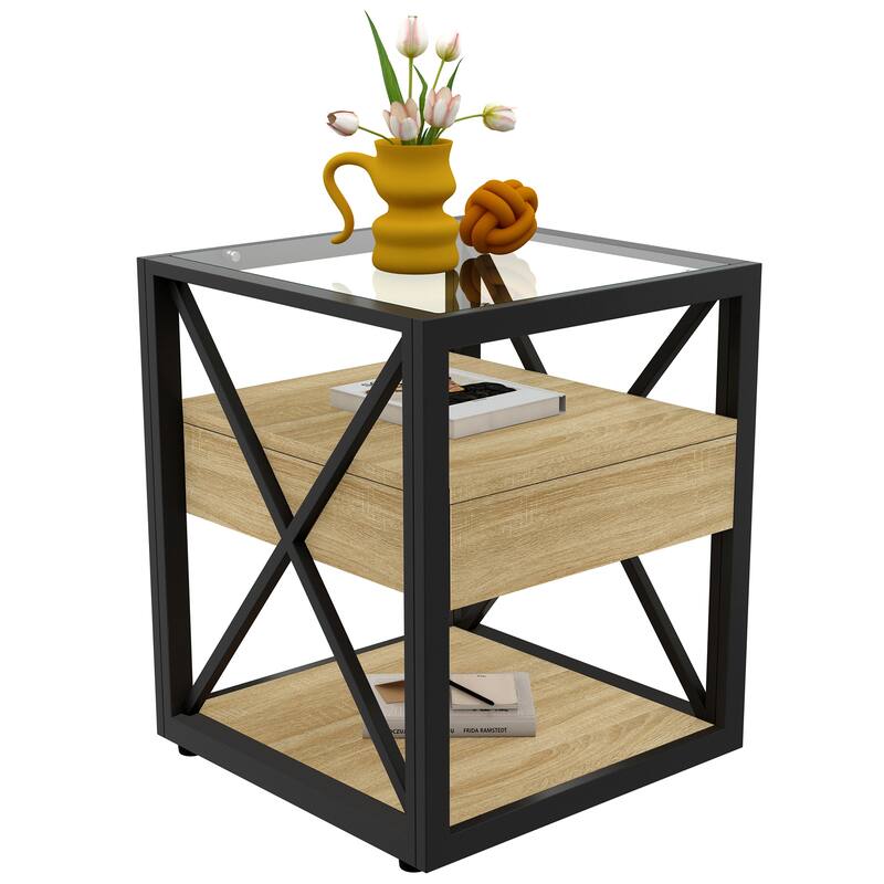 Set Of 2 Modern End Table With Drawer - Nightstand For,Rustic Wood Grain Mdf&Tempered Glass Top, Industrial Style Side Table