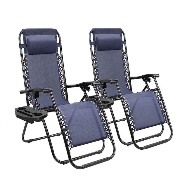 Set of 2 Zero Gravity Chair Patio Folding Lawn Lounge Chairs Outdoor Lounge Gravity Chair Camp Reclining Lounge Chair - Blue