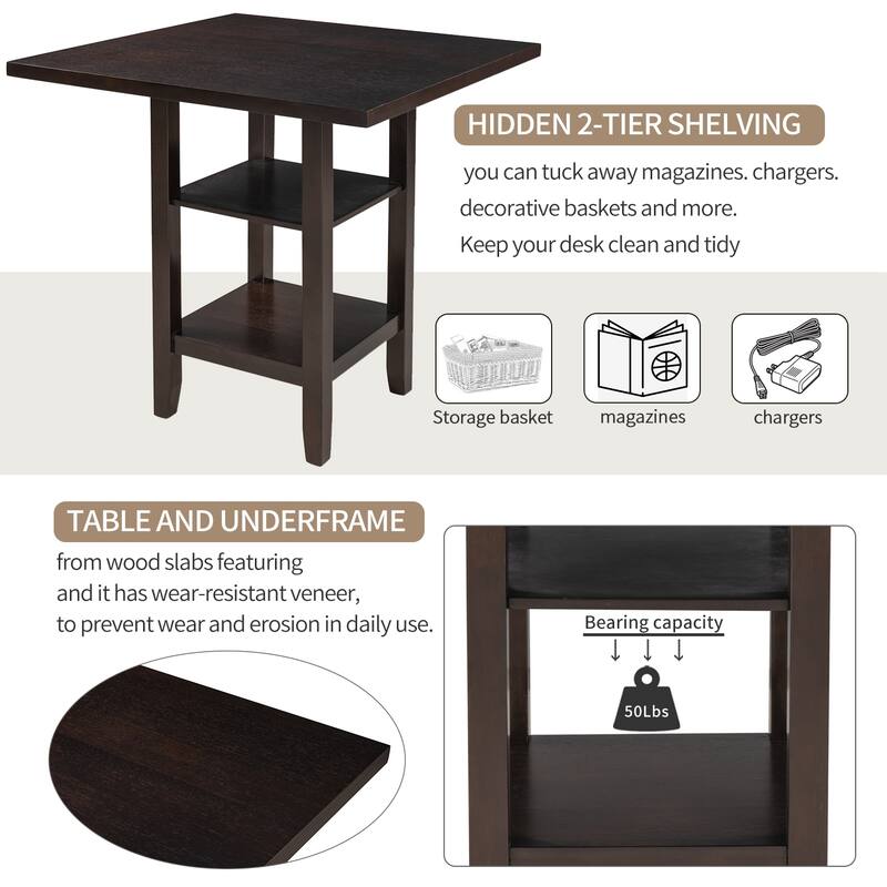 Espresso 5-Piece Counter Height Wooden Dining Table Set with 4 Chairs & Storage