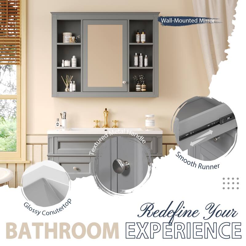 36'' Bathroom Vanity Set with Mirror Cabinet, Modern Bathroom Storage Cabinet with 2 Soft Closing Doors and 4 Drawers