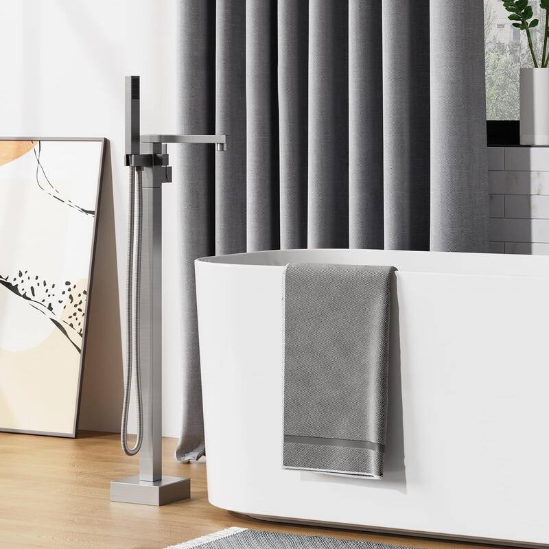 Freestanding Bathtub Faucet, Floor-Mount Tub Filler Chrome - Brushed Nickel - Square Hot & Cold
