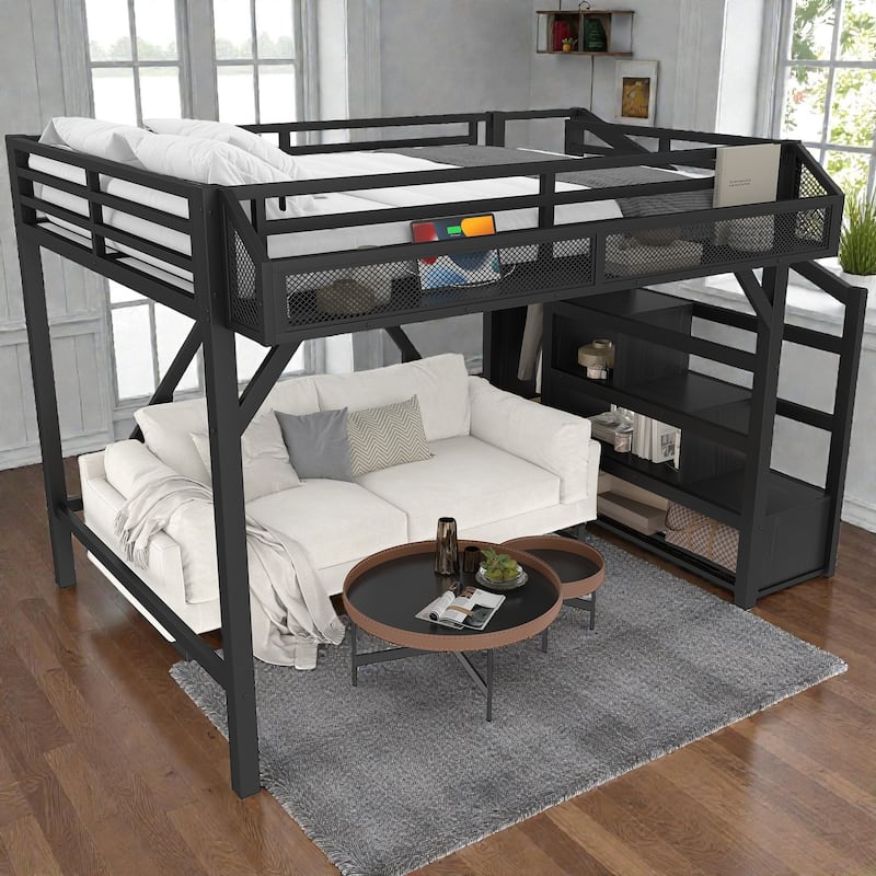 Metal Loft Bed with Storage Stairs, Wardrobe and Shelves, USB Ports and LED Lights, Noise Reduced Frame